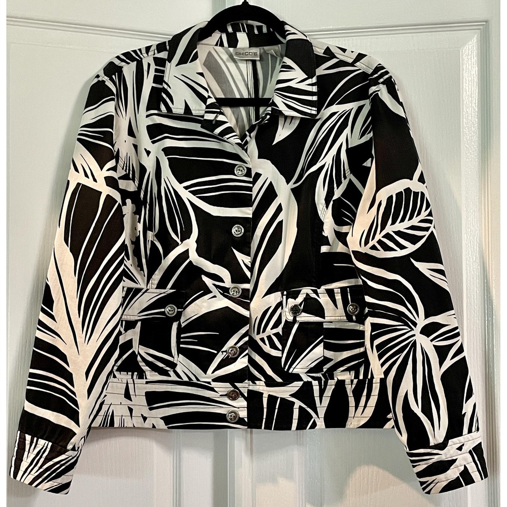 Chico's Jacket Womens 3 Black White Tropical Leaf Print Button Front Pockets